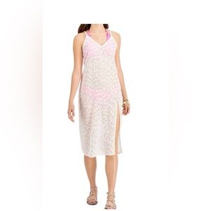 Miken white and gold accented leopard sheer cover up split midi length